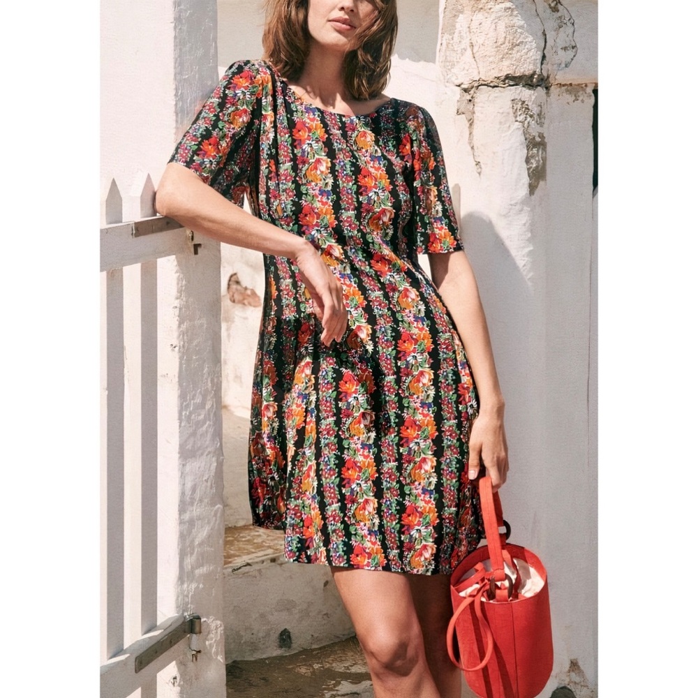 Sézane Black Floral Mini Dress with Red & Green Accents